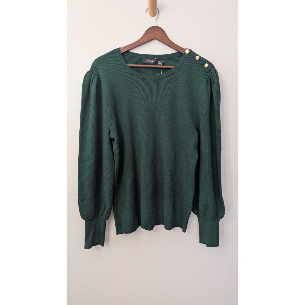 Lauren Ralph Lauren Puff Sleeve Sweater 2X Green Holiday Gold Buttons Preppy NWT - Picture 2 of 11